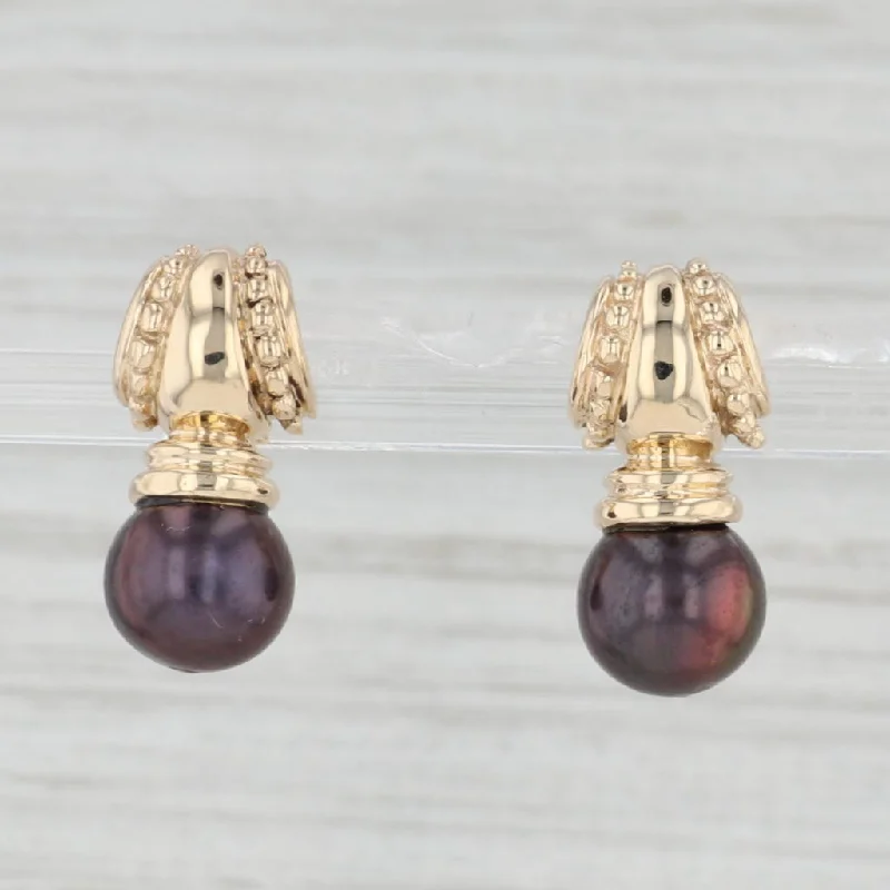 women's earrings with cute studs -Black Cultured Pearl Drop Earrings 14k Yellow Gold Pierced