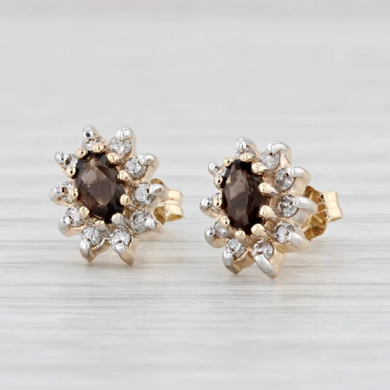 women's earrings with square design -0.76ctw Smoky Quartz Diamond Halo Stud Earrings 14k Yellow Gold