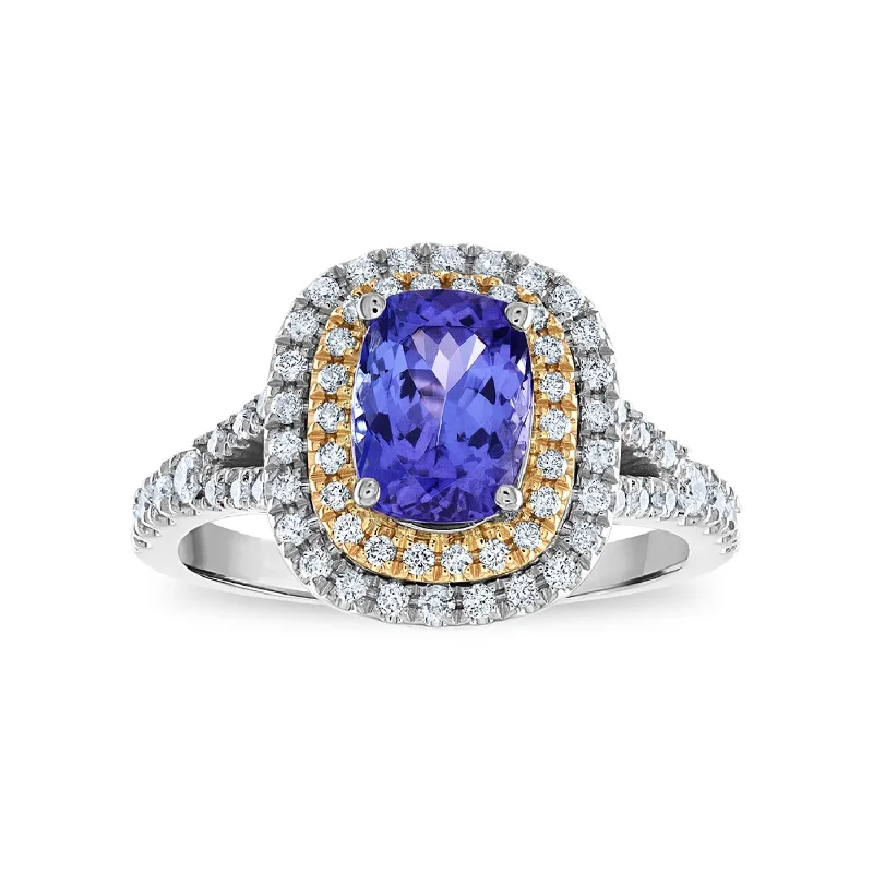 women's engagement rings with sapphire accent -8X6MM Cushion Tanzanite and Diamond Halo Ring in 10KT White and Rose Gold