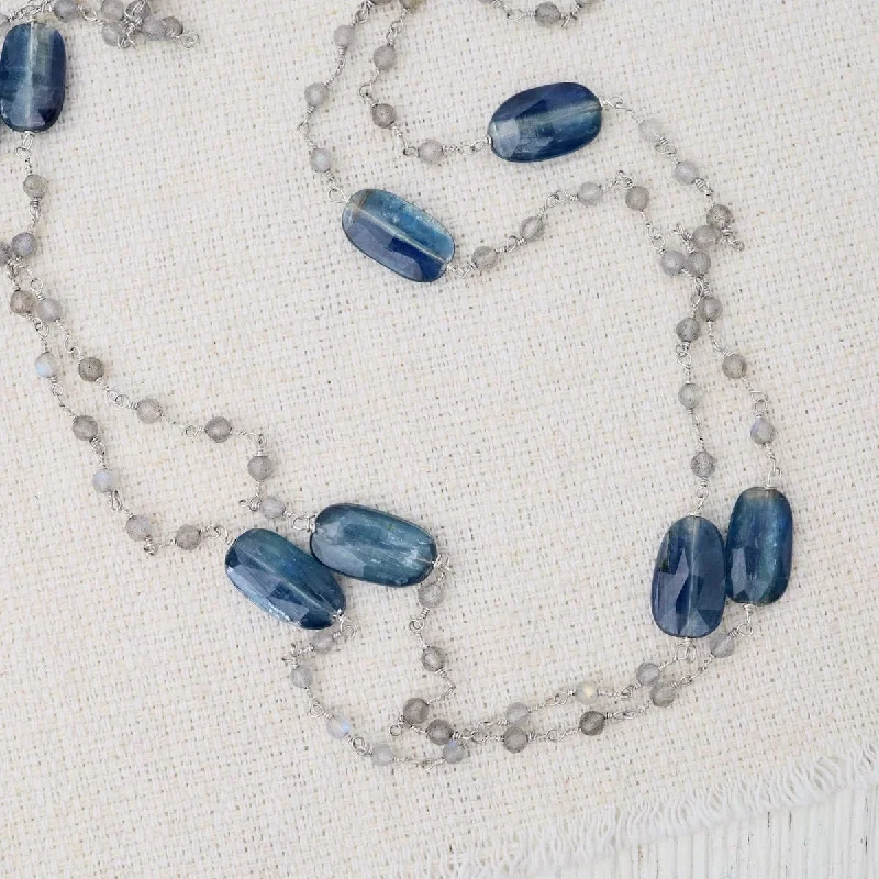 women's necklaces with delicate chain -Silver Blue Kyanite & Labradorite 42" Bead Chain Necklace