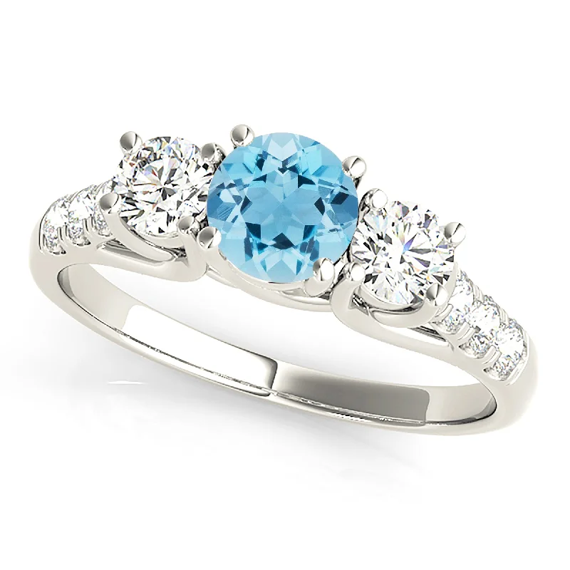 women's engagement rings with stackable design -1.10 ct. Genuine Aquamarine Three Stone Ring with Side Diamonds