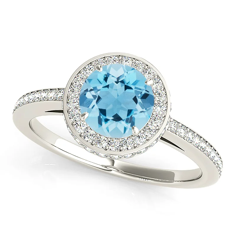 women's engagement rings with round-cut diamond -2.00 ct. Genuine Aquamarine Ring With Halo And Delicate Diamond Band