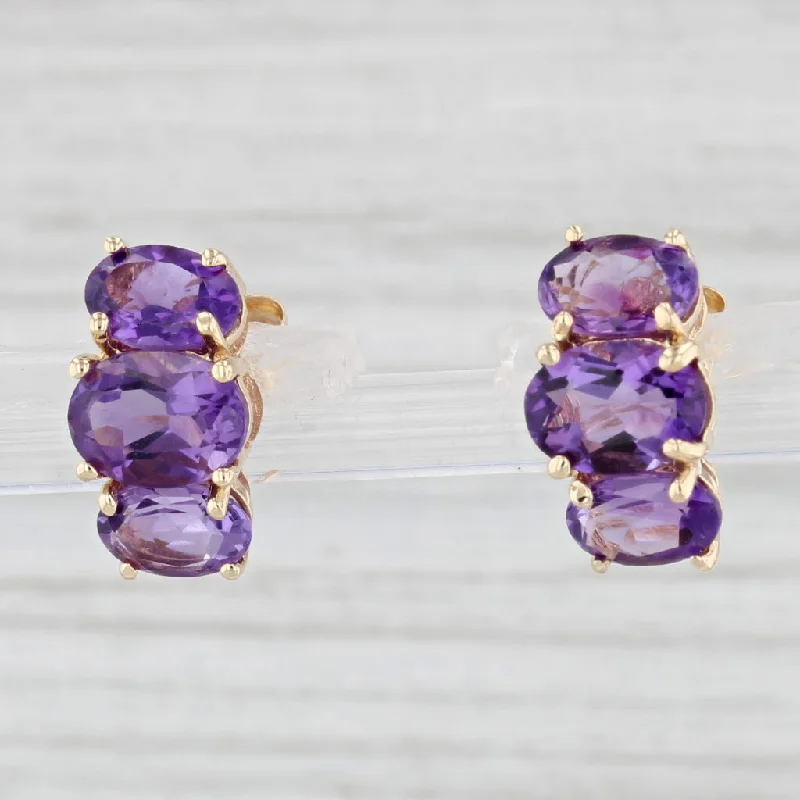 women's earrings with cute studs -3ctw Amethyst 3-Stone Drop Earrings 14k Yellow Gold