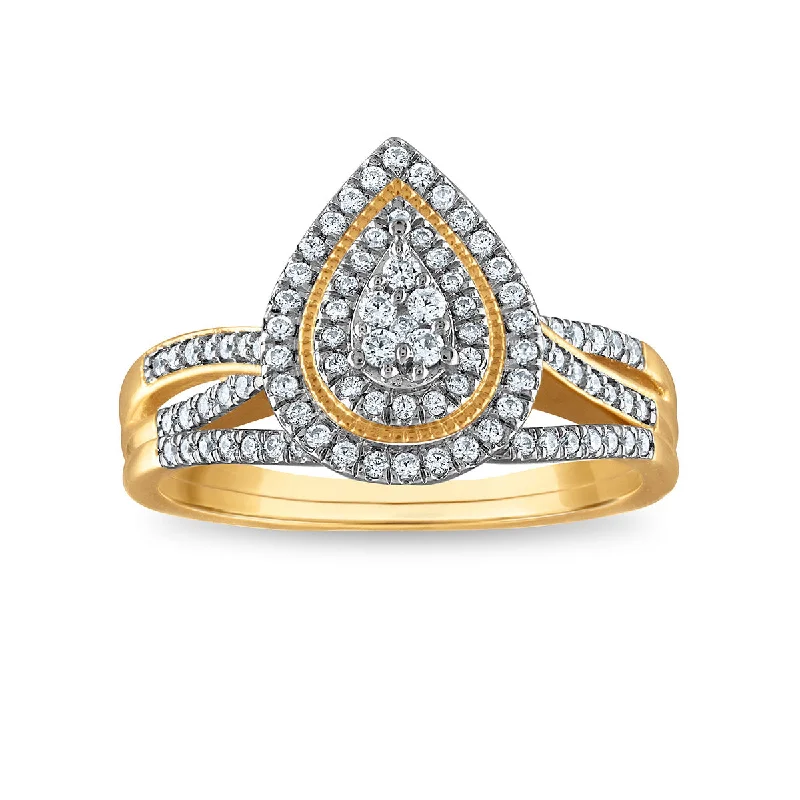 women's engagement rings with multi-stone setting -3/8 CTW Diamond Halo Cluster Pear Shaped Bridal Set in 10KT Yellow Gold