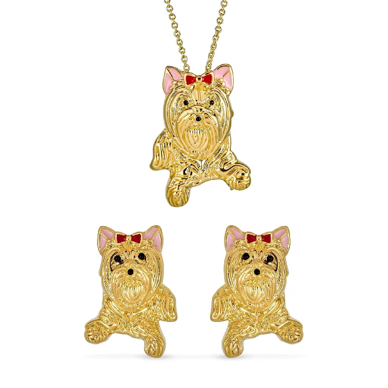 women's necklaces with fine jewelry design -Adorable Animal Jewelry Set - Pink Bow Dog Earrings Necklace & Brooch 14K Gold Plated