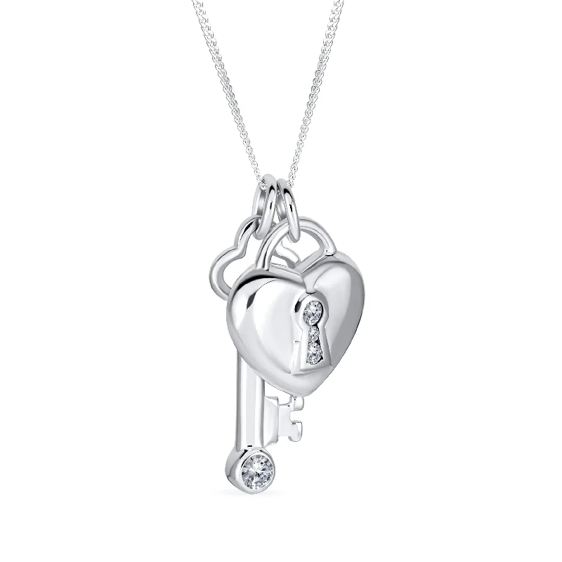 women's necklaces with nature-inspired pendant -Love Lock & Key Heart CZ Charm Pendant Necklace in Sterling Silver