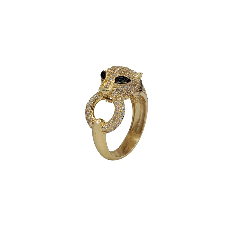 women's rings with classic gold band -Zirconia Green-Eyes Panther Head Ring (14K)