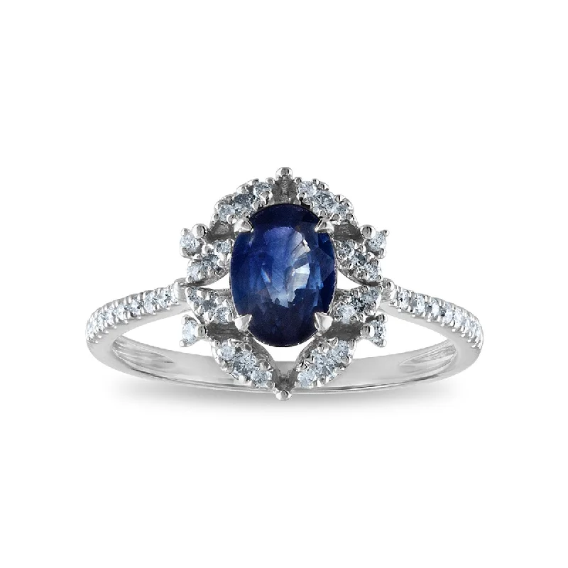 women's engagement rings with vintage setting -7X5MM Oval Sapphire and Diamond Halo Ring in 10KT White Gold