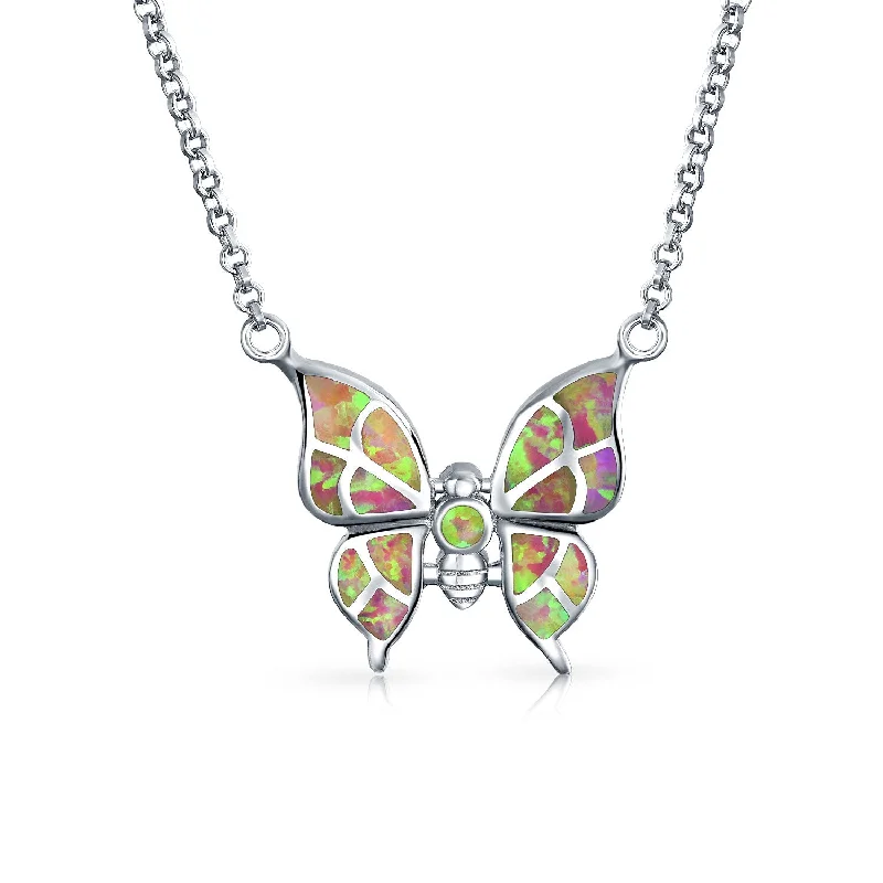 women's necklaces with diamond accents -Butterfly Pink Created Opal Pendant 925 Sterling Silver Necklace