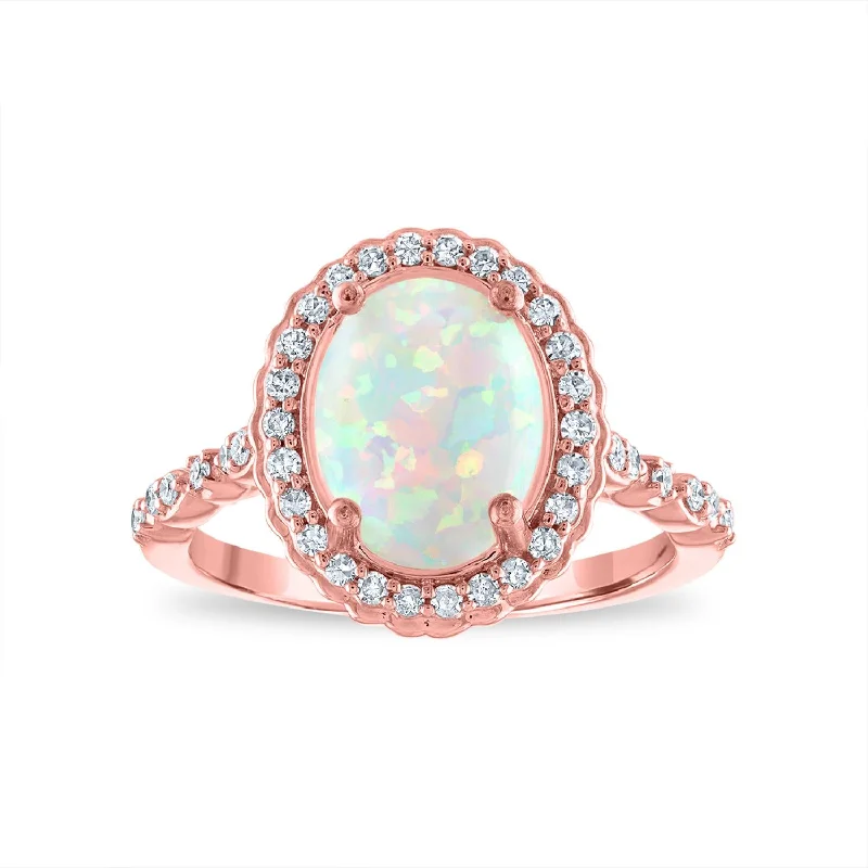 women's engagement rings with oval sapphire -LoveSong 10X8MM Oval Opal and Diamond Halo Ring in 10KT Rose Gold