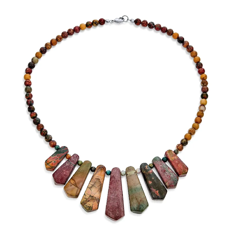 women's necklaces with pearl -Natural Agate  Jasper Earth Tone Tribal Fan Bib Statement Necklace