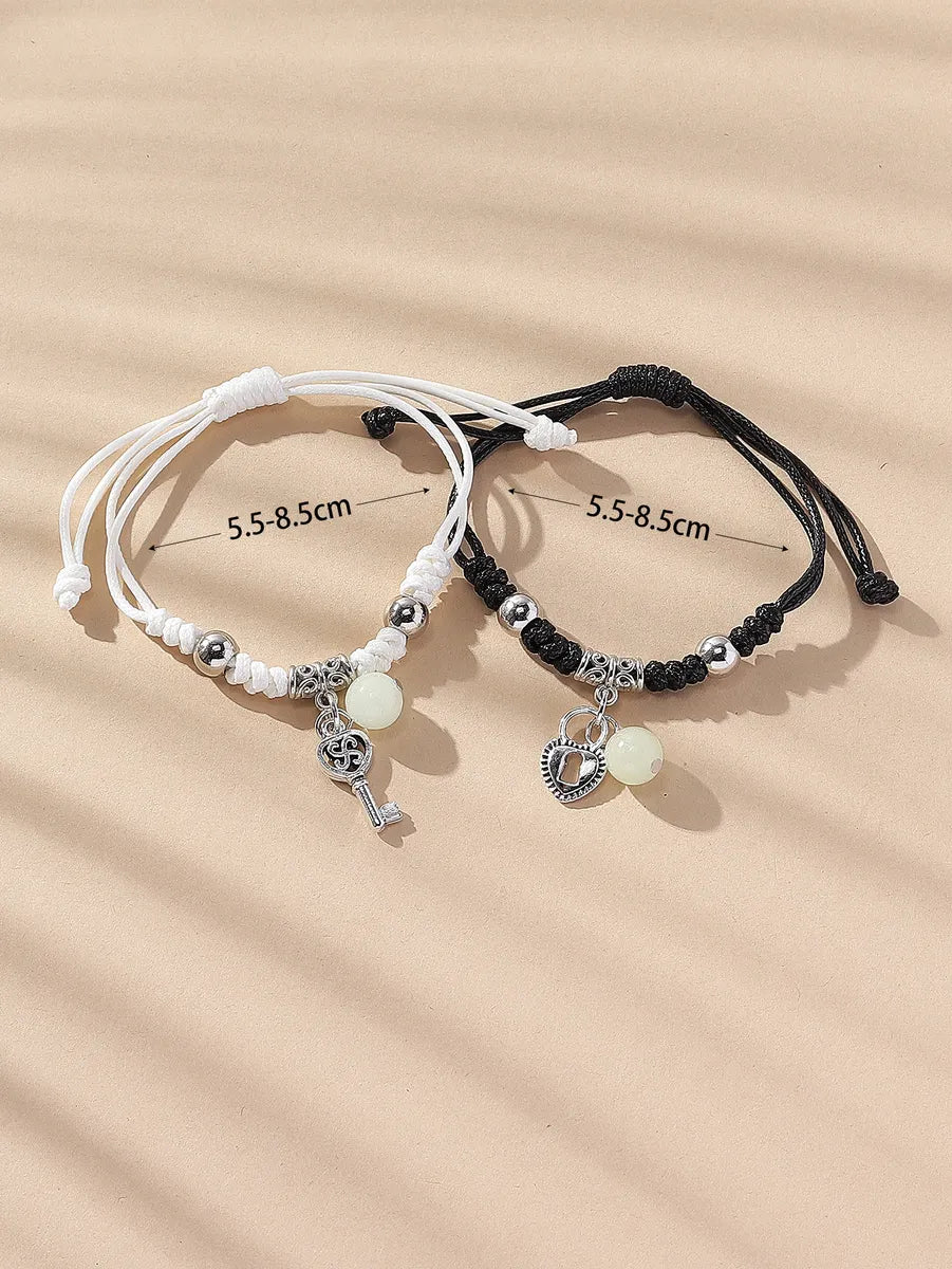 women's bracelets with crystal details -Retro Key Lock Alloy Rope Inlay Beads Couple Bracelets 1 Set