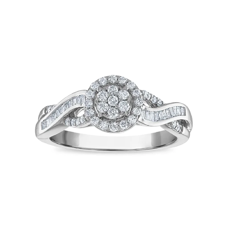 women's engagement rings with gemstone -1/3 CTW Diamond Cluster Round & Baguette Ring in 10KT White Gold