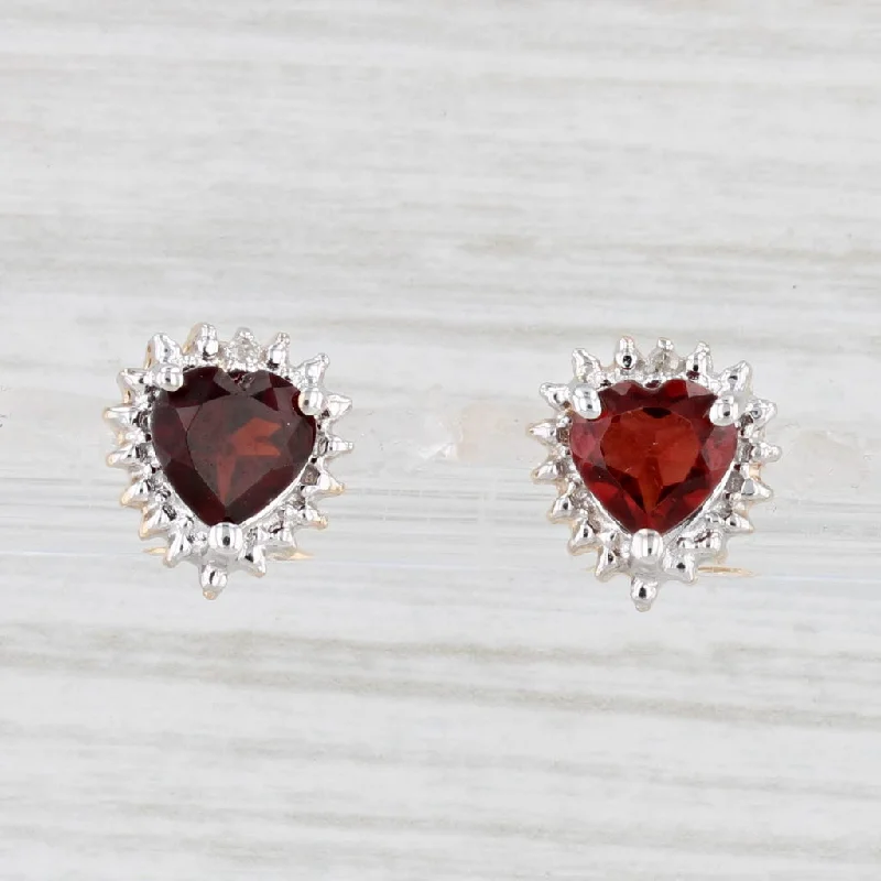 women's earrings with heart-shaped gemstones -2ctw Garnet Diamond Halo Heart Stud Earrings 14k Yellow Gold