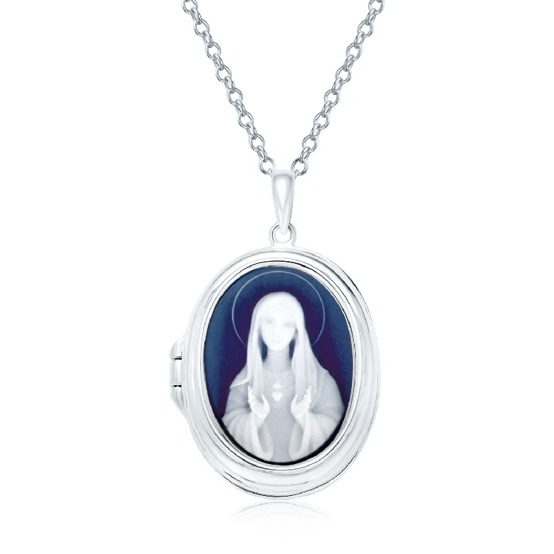 women's necklaces with adjustable clasp -Vintage Style Blue Agate Our Lady of Guadalupe Locket Necklace in Sterling Silver