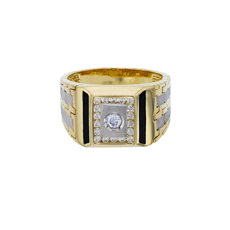 women's rings with diamond-encrusted band -Two-Tone Black Onyx Square Men's Ring (14K)