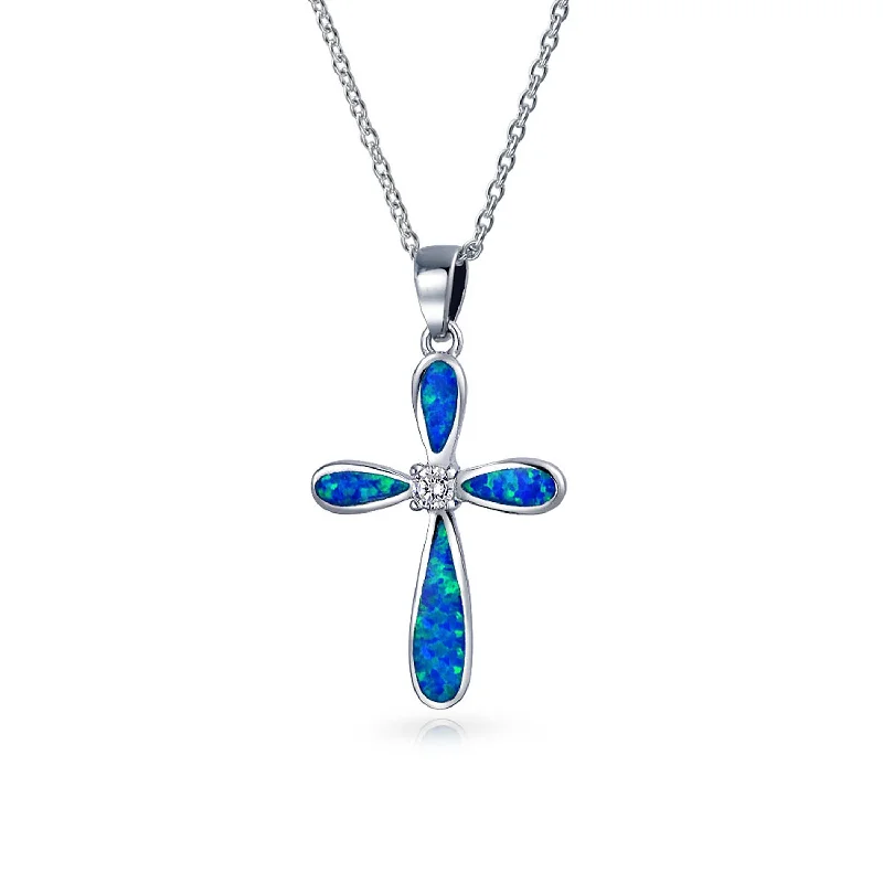 women's necklaces silver -Vintage Faith Hope Love CZ Gemstone Blue Opal Cross Pendant Necklace Silver