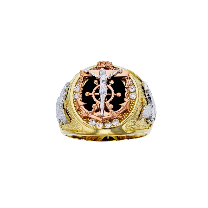 women's rings with gemstone accents -Tricolor Anchor Jesus Crucified Men's Ring (14K)