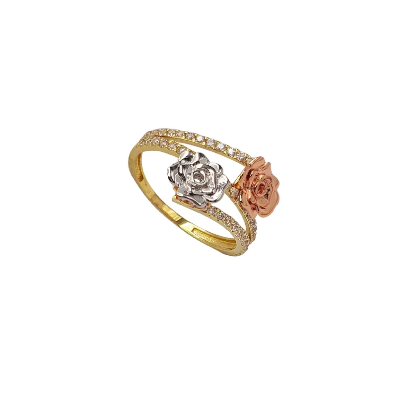 women's rings with engagement style -Zirconia Pave Tricolor Blossom Flower Bypass Ring (14K)