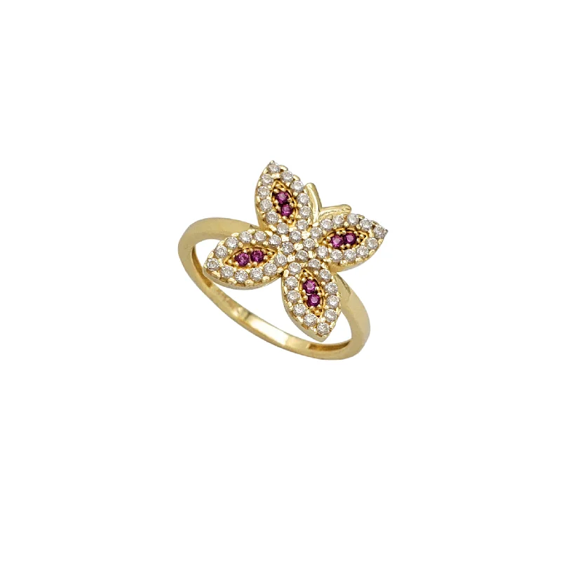 women's rings with gemstone accents -Zirconia Red Pave Butterfly Ring (14K)