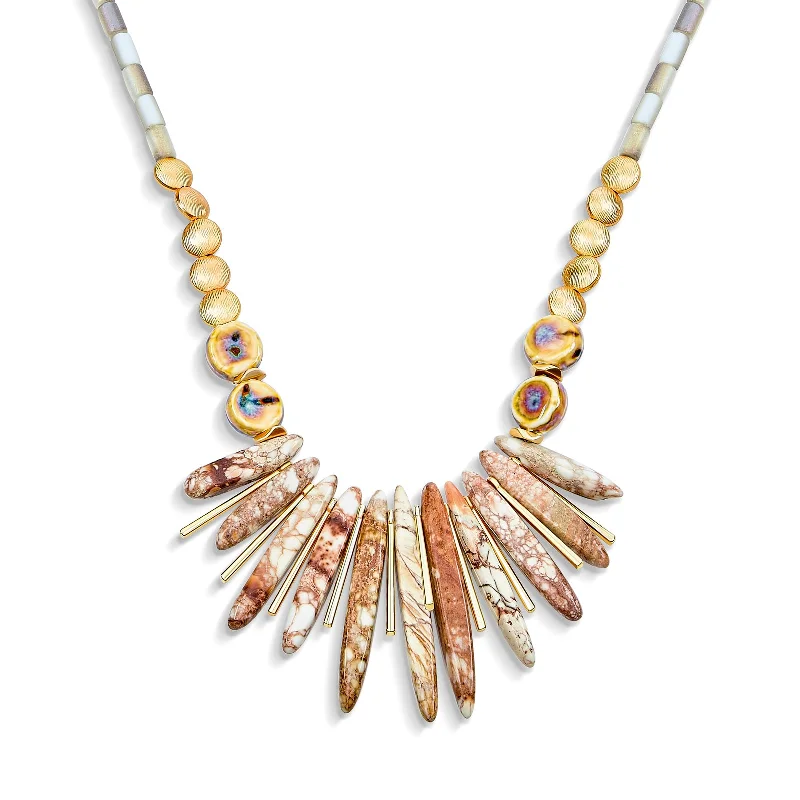 women's necklaces with solid gold -Tribal Spike Gemstone Collar Necklace with Irregular Beads for Teens Gold Plated