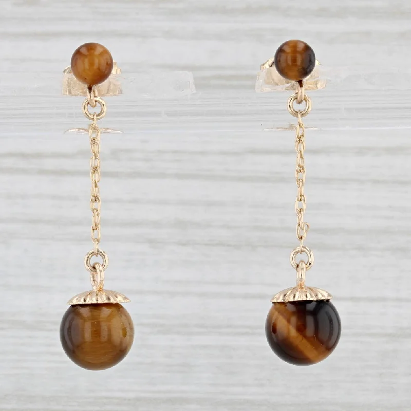 women's earrings with hoop and stud combo -Tiger's Eye Dangle Earrings 14k Yellow Gold Brown Bead Drops