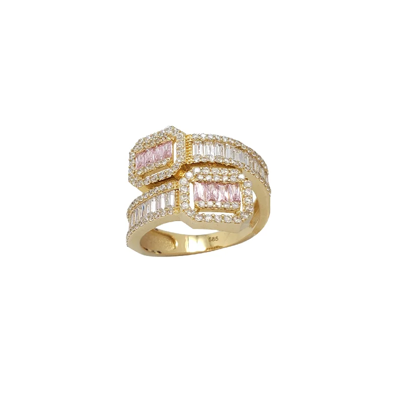 women's rings with gemstone accents -Icy Pink Baguettes & Round Bypass Ring (14K)