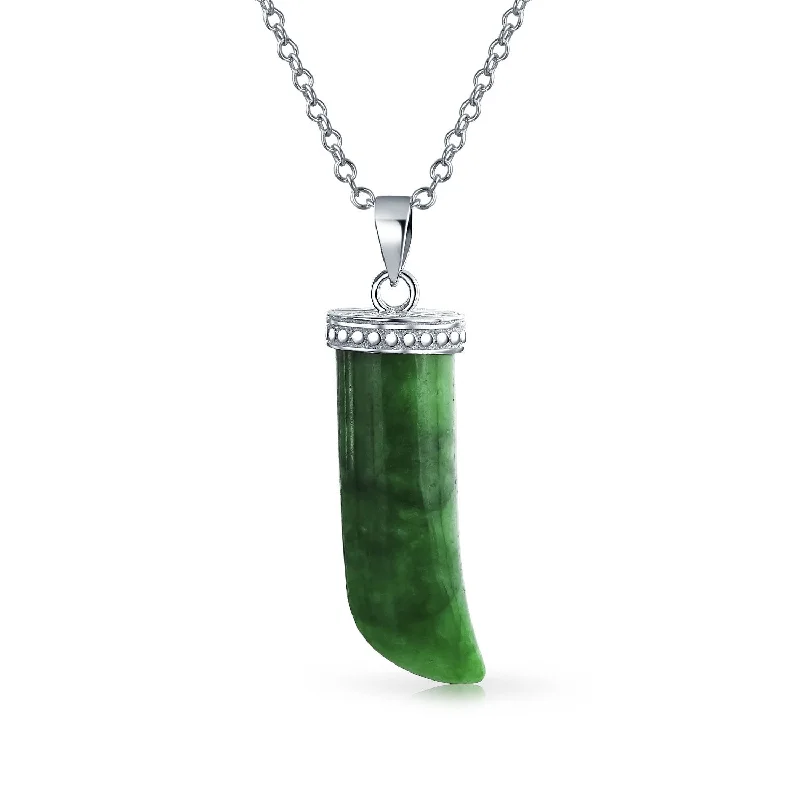 women's necklaces with custom design -Protection Tooth Amulet Green Jade Italian Horn Pendant Necklace for Men Silver