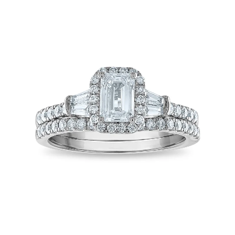 women's engagement rings with pave diamonds -Signature EcoLove 1 1/2 CTW Lab Grown Diamond Halo Bridal Set in 14KT White Gold