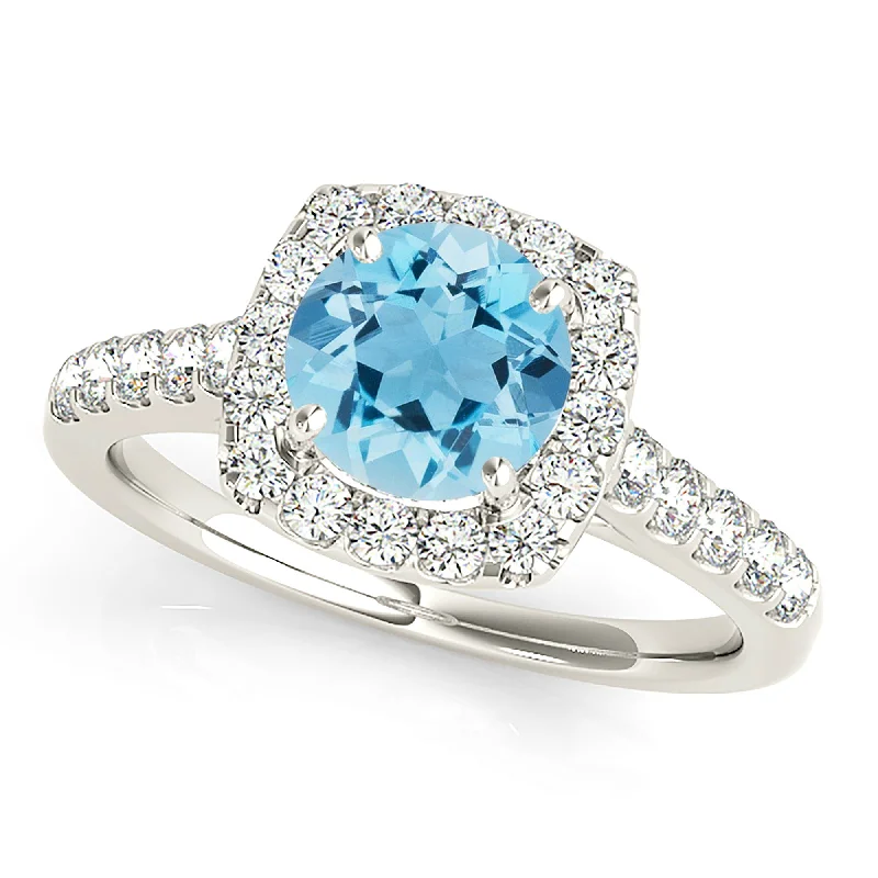 women's engagement rings with oval-cut diamond -1.75 ct. Genuine Aquamarine Ring With Cushion Halo And Delicate Diamond Band