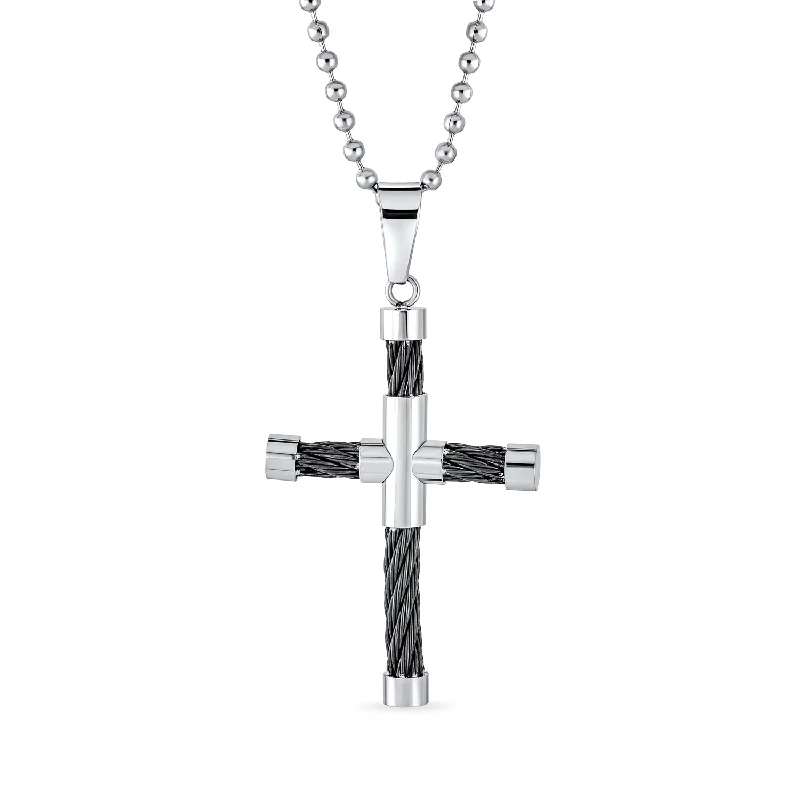 women's necklaces with gemstone accents -Men's Two-Tone Black Cable Cross Pendant Necklace Silver Stainless Steel