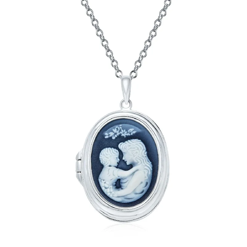 women's necklaces with floral pendant -Vintage Victorian Locket Necklace Black Blue White Cameo Mother Child Pendant