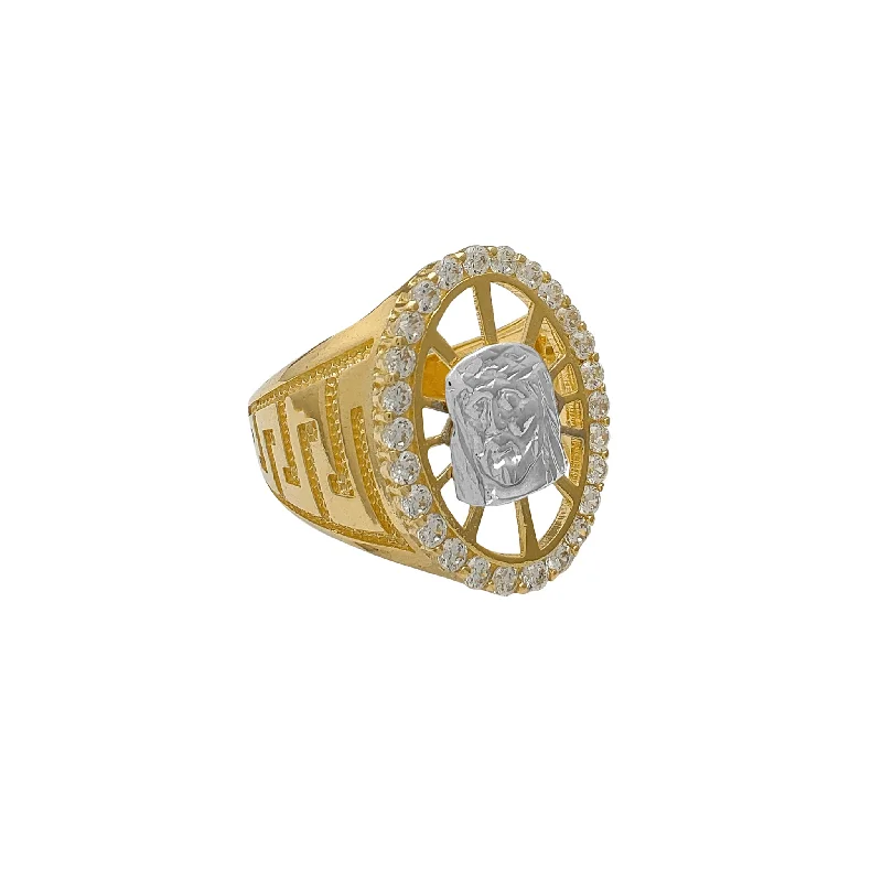 women's rings with vintage design -Jesus Head Greek-Key Textured Men's Ring (14K)