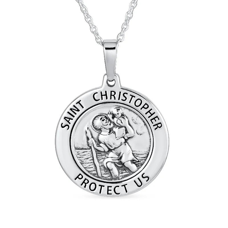 women's necklaces with star-shaped pendant -Large Saint Christopher Pendant Necklace Patron of Safe Travel Sterling Silver