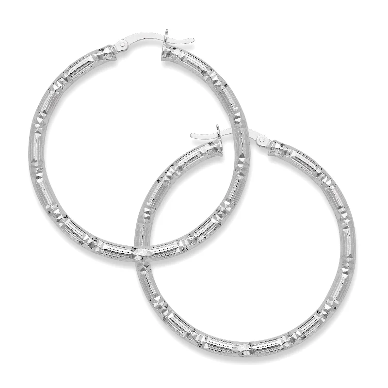 women's earrings with classic stud design -High Polish Diamond Cut Circle Etched .925 Sterling Silver Hoops Earrings