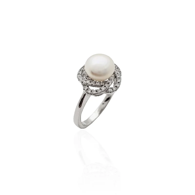 women's rings with eternity band -Spiral Halo Pearl Ring (Silver)