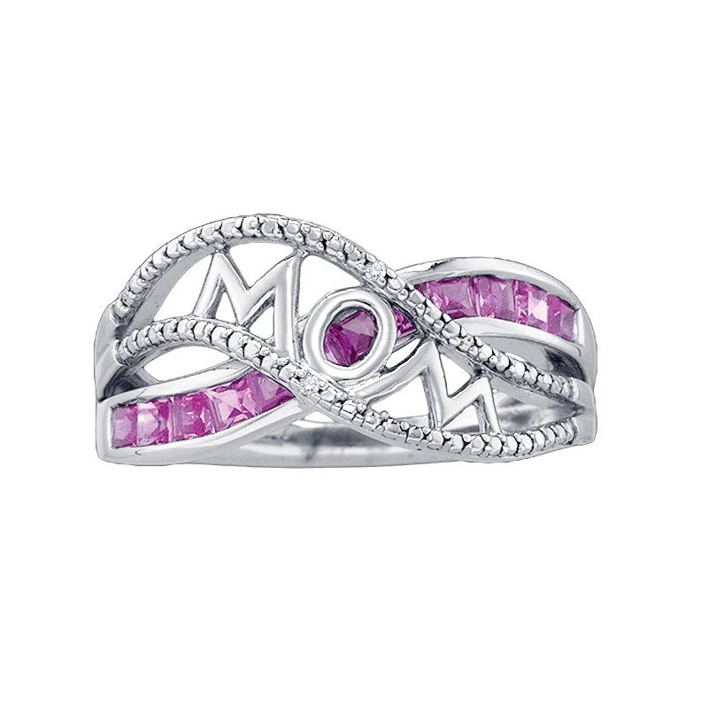 women's engagement rings with etched band -Pink Sapphire and Diamond Mom Ring in Sterling Silver