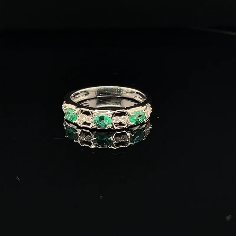 women's engagement rings with custom stone -Emerald & Diamond Oval ¾ Eternity Band in 18k White Gold - (#35-HREME000193)