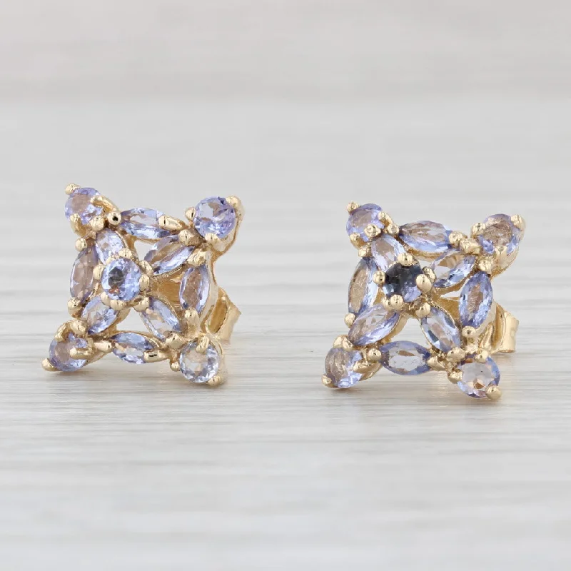 women's earrings with gemstone -2ctw Tanzanite Cluster Stud Earrings 14k Yellow Gold