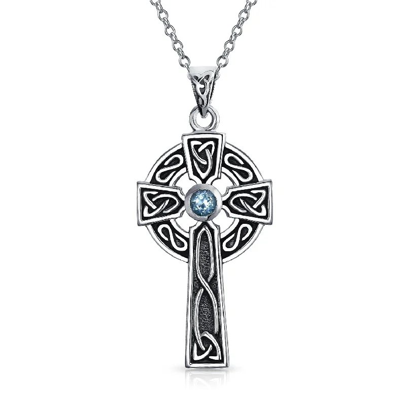 women's necklaces with layered chains -Ancient Irish Love Knot Blue Topaz Garnet CZ Trinity Cross Pendant Necklace Silver