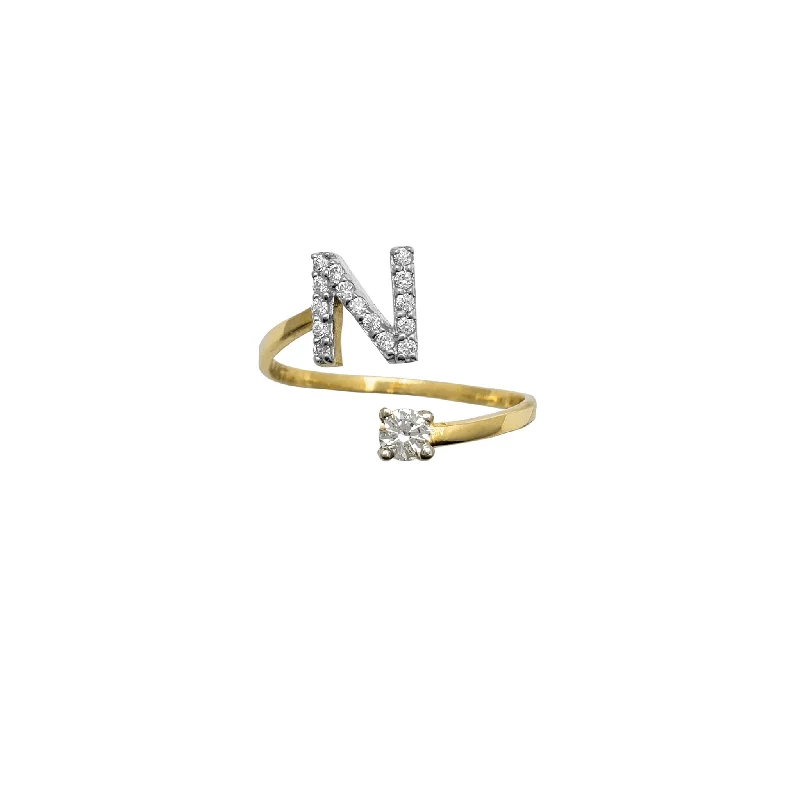 women's rings with heart-shaped stone -Zirconia Initial Letter "N" Coiled Ring (14K)