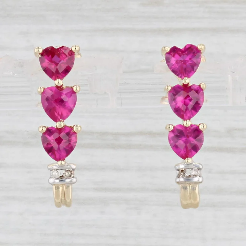 women's earrings gold -2ctw Lab Created Ruby Hearts Journey J-Hook Earrings 10k Gold Diamond Accents