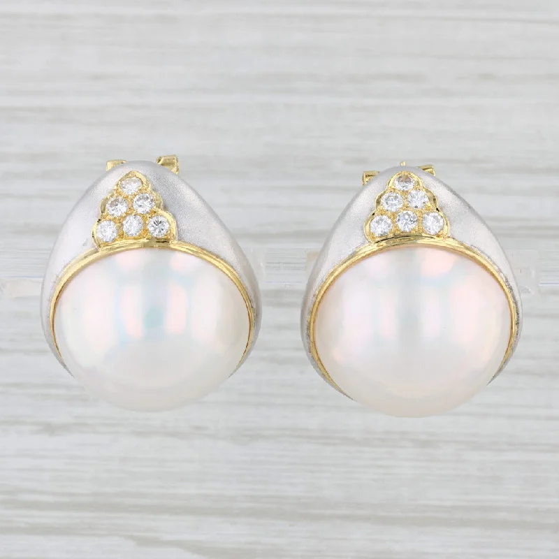 women's earrings with statement design -0.60ctw Diamond Mabe Pearl Statement Earrings 18k Gold Pierced Omega Backs