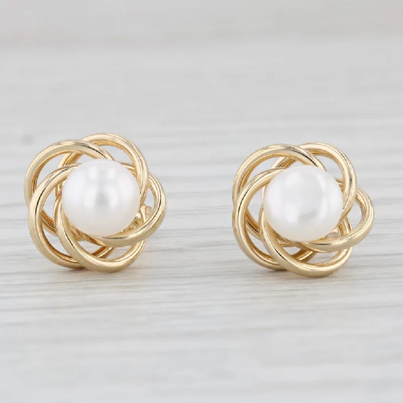 women's earrings with sleek design -Cultured Pearl Button Knot Stud Earrings 14k Yellow Gold