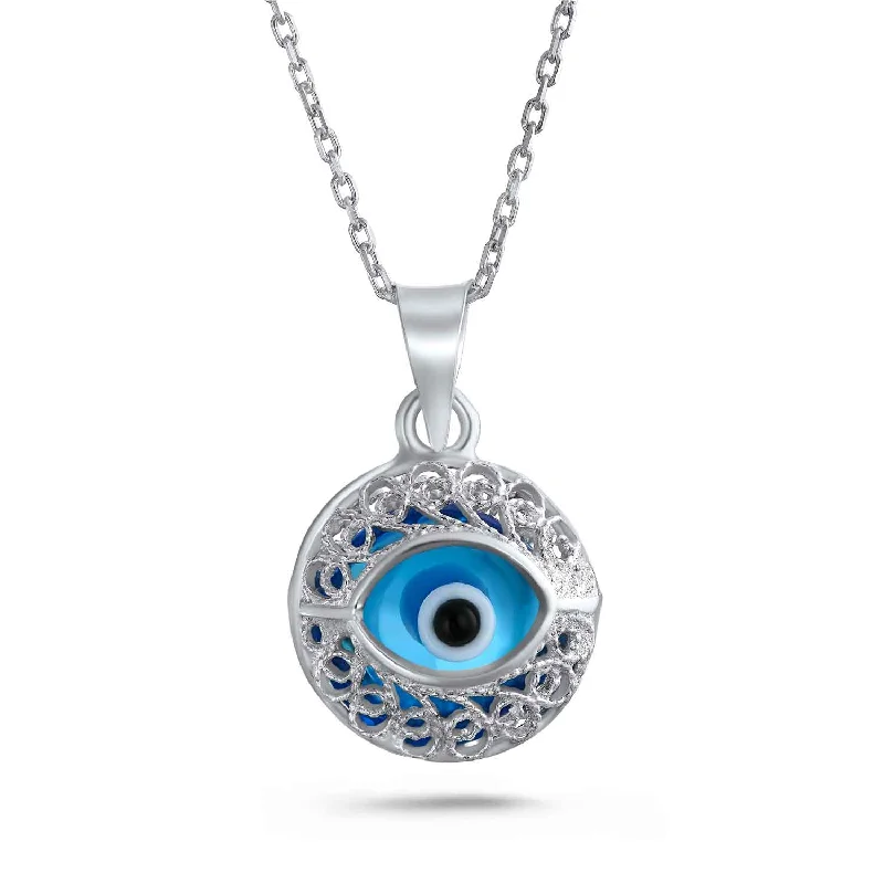 women's necklaces with birthstone -Turkish Amulet Aqua Nazar Blue Evil Eye Filigree Charm Pendant Necklace Silver