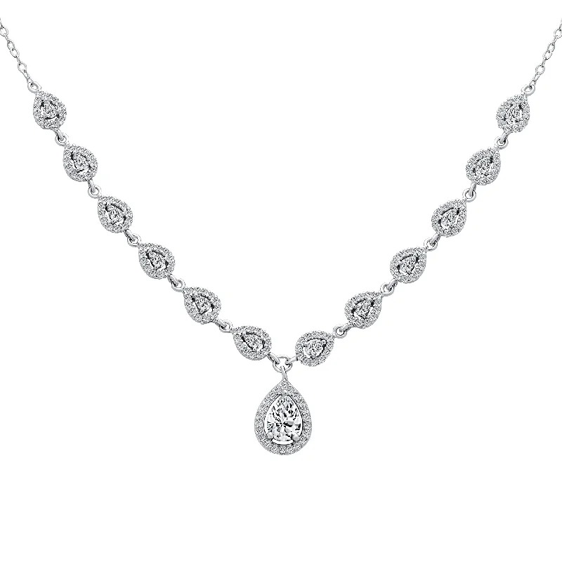 women's necklaces with gemstone -Classic Bridal Teardrop Halo CZ V Collar Necklace in Sterling Silver