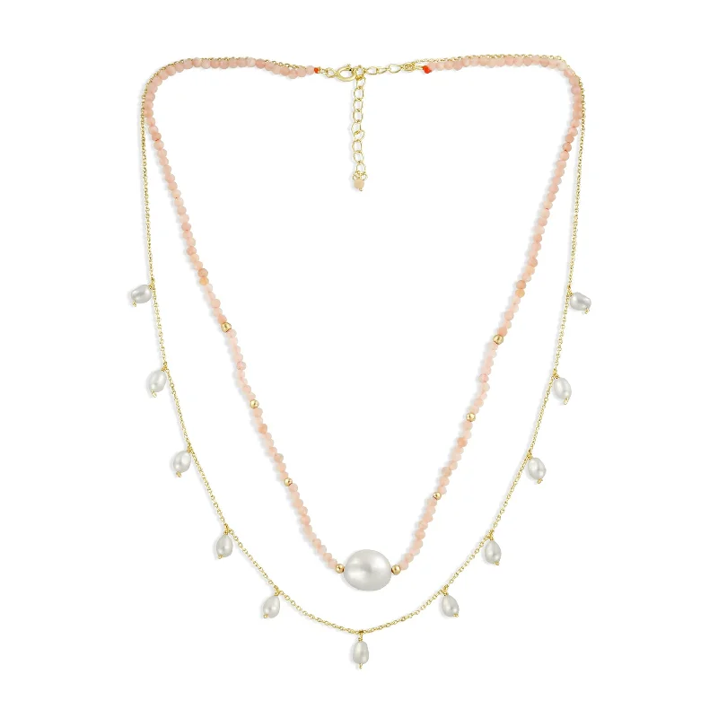 women's necklaces with flower-shaped pendant -Boho Minimalist Choker Necklace with Pink Gemstones & Baroque Pearl 18K Gold Plated