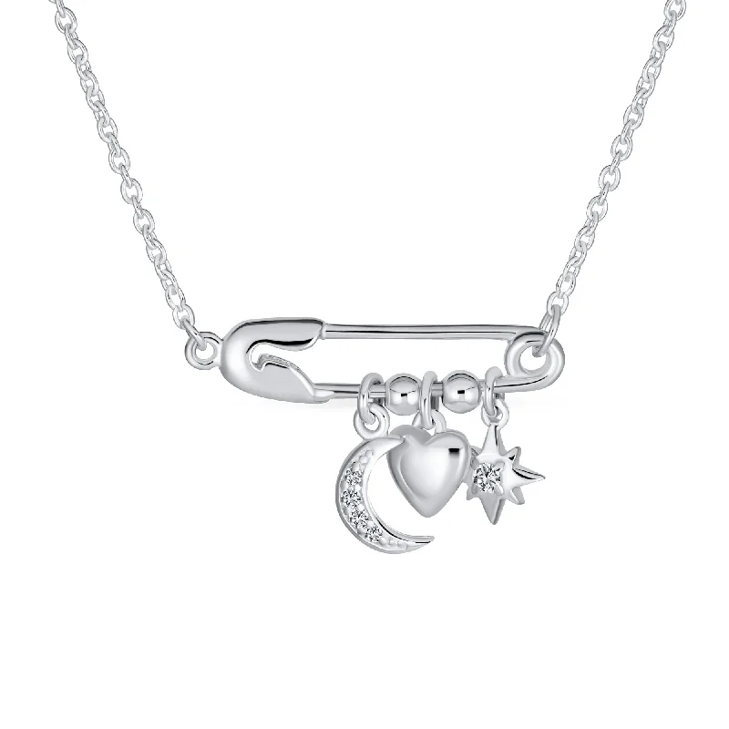 women's necklaces with engraved details -Support Symbol CZ Accent Moon Heart Star Charms Pendant Necklace Sterling Silver