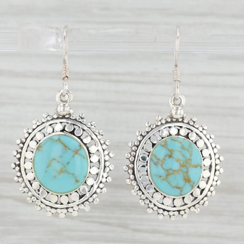 women's earrings with oval gemstones -Turquoise Dangle Earrings Sterling Silver Hook Posts Round Cabochons Drops