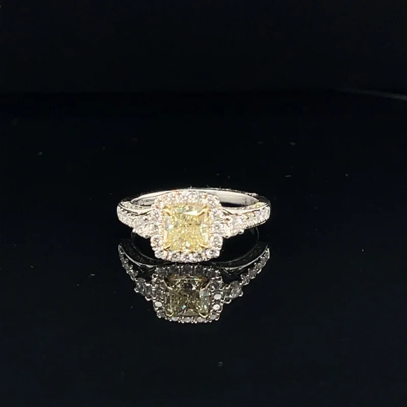 women's engagement rings with matching earrings -Fancy Yellow & White Diamond Cushion Halo Ring in 18k Two Tone Gold - (#118-JR1334GH)